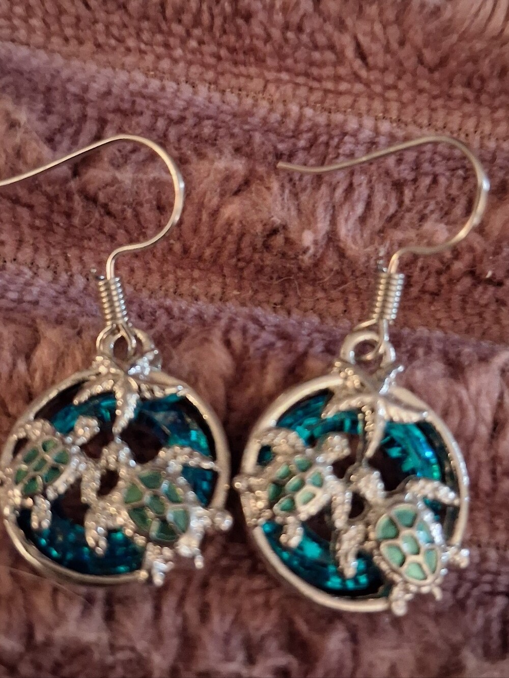 Silver Turtle Drop Earrings Teal Crystal Earrings Hand Enameled Turtle